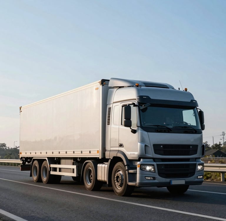An active cross-border freight truck in motion on a highway under crisp morning daylight, cool blue tones, high-detail editorial