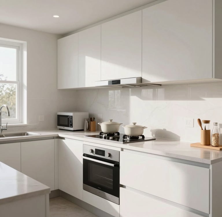 Bright, natural daylight shot of a fully equipped modern kitchen with clean countertops and integrated appliances.