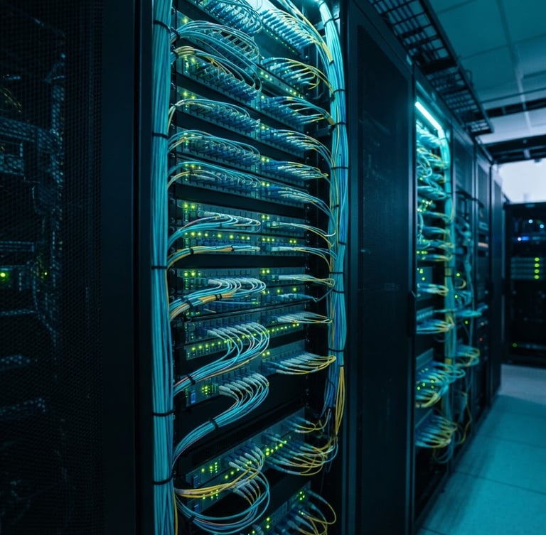 Sleek corporate technology photography of high-density fiber optic patch panels in a modern server room, cool neon cyan LED indicator lights, sharp high-contrast details, wide-angle architectural lens, 35mm