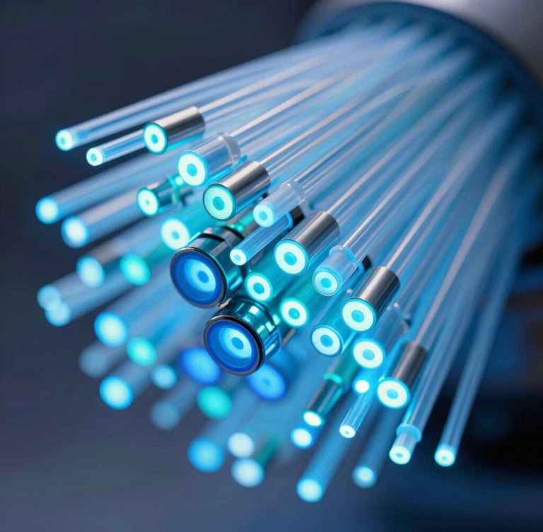 Macro close-up of fiber optic connections glowing with blue and cyan light, sharp high-contrast details, sleek corporate technology photography, 35mm