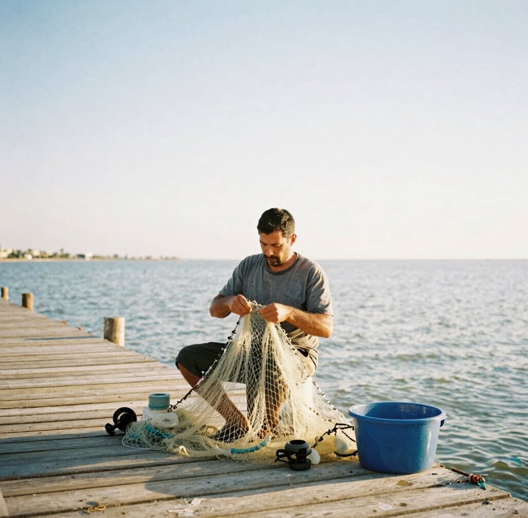 An authentic local fisherman repairing nets on a wooden dock by the Mar Menor, soft warm Mediterranean morning light, 35mm photography