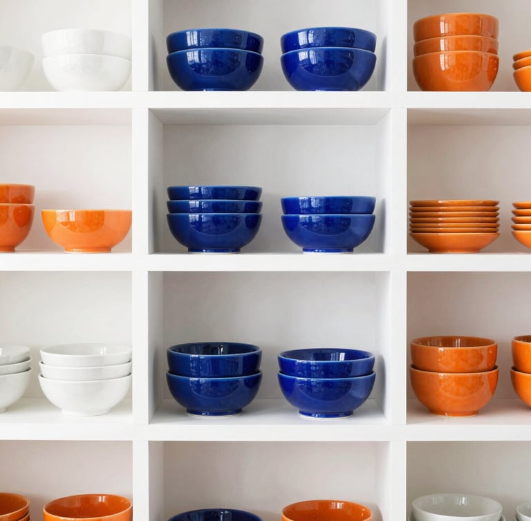 Straight-on clean shot of beautifully organized retail shelves with curated ceramic home goods, bright high-key natural lighting, sharp focus, white background, orange accents.
