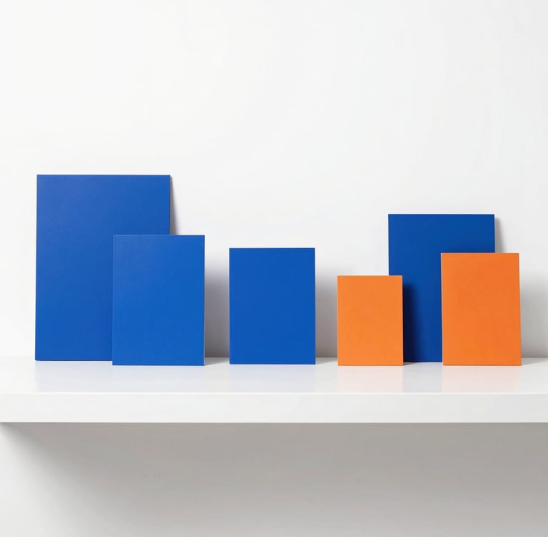 A straight-on flat lay of neatly organized retail products on a clean white shelf, crisp studio lighting, cobalt blue accents.