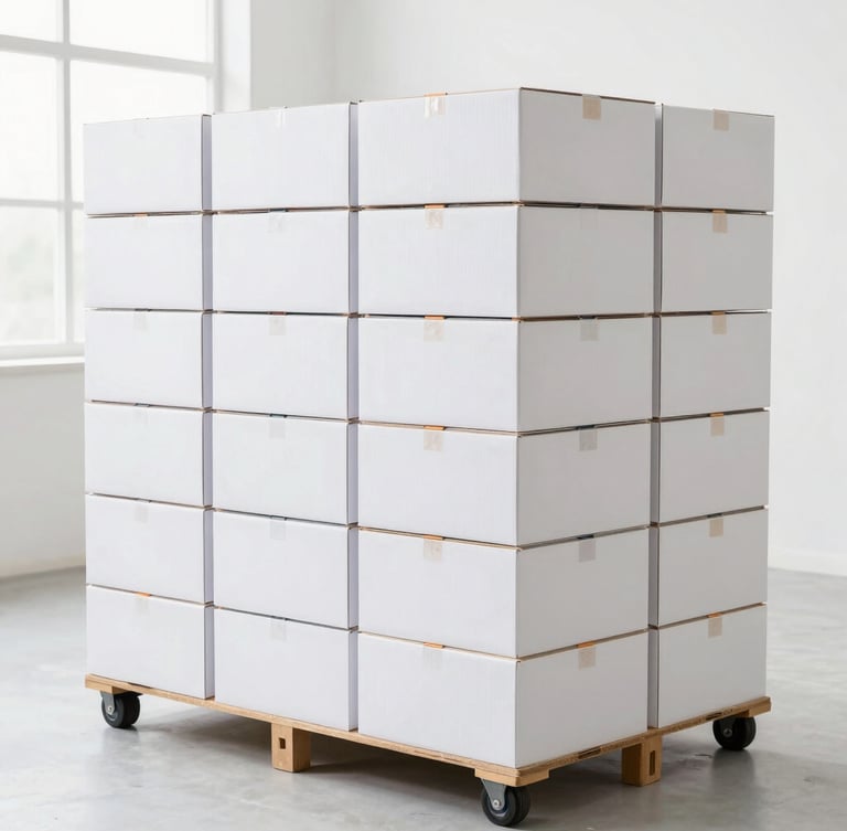 A crisp, medium shot of neatly stacked, clean wholesale cartons in a bright, modern distribution hub with high-key natural light.