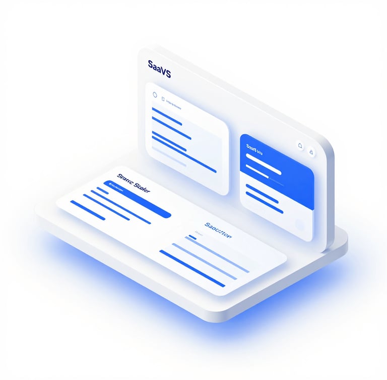 Isometric view of a modern SaaS builder interface on a clean white device, showcasing crisp vector wireframes, electric blue layout guides, and high-key studio lighting.
