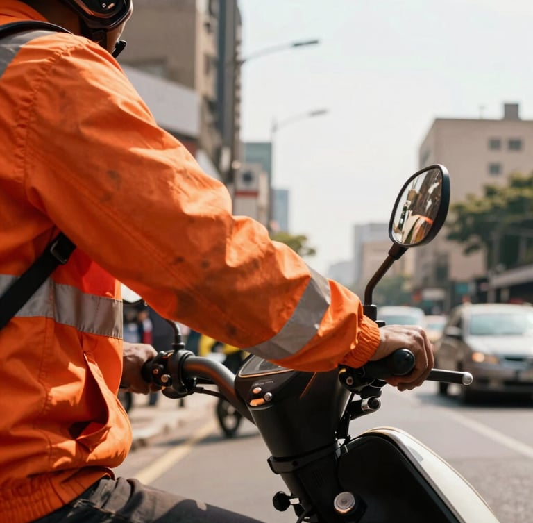 Dynamic low-angle shot of a delivery driver's hands on motorcycle handlebars on a busy Johannesburg street, vibrant safety-orange jacket, high-contrast warm daylight, 35mm.
