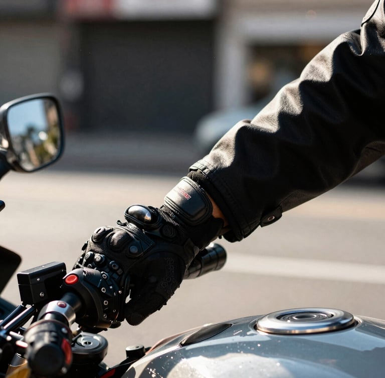 Close-up of a driver's hands in protective gloves gripping motorcycle handlebars, realistic daylight, high-contrast urban setting