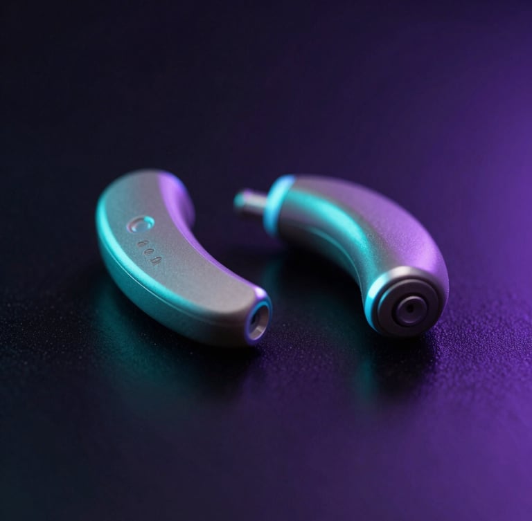 Sleek close-up of premium audiology hearing aids on a dark reflective surface, neon cyan rim lighting, sharp macro focus, 35mm.