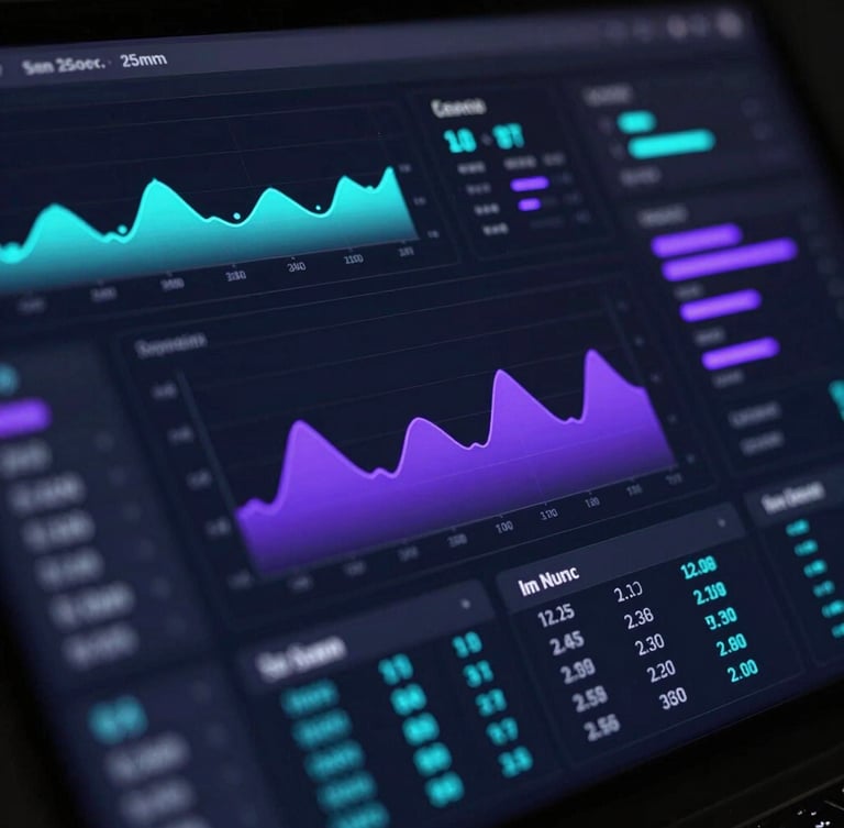 Sleek dark software dashboard with glowing neon cyan and purple telemetry graphs, sharp macro focus, 35mm