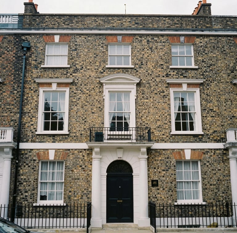 Straight-on architectural elevation of a classic British Edwardian brick townhouse, overcast daylight, sharp focus, desaturated neutral tones, 35mm