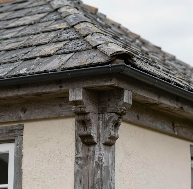 Close-up macro shot of historic timber joints and slate roofing details on a residential property, overcast natural daylight, desaturated neutral tones, sharp focus, 35mm
