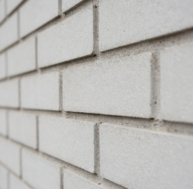 Macro detailed shot of clean modern brickwork and mortar joints, natural overcast daylight, sharp focus, desaturated tones, 35mm