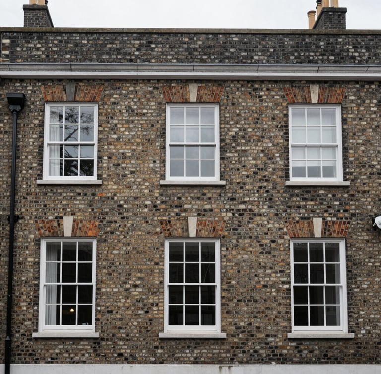 Straight-on architectural crop of a Georgian townhouse brick facade, natural overcast daylight, desaturated neutral tones, sharp focus, 35mm
