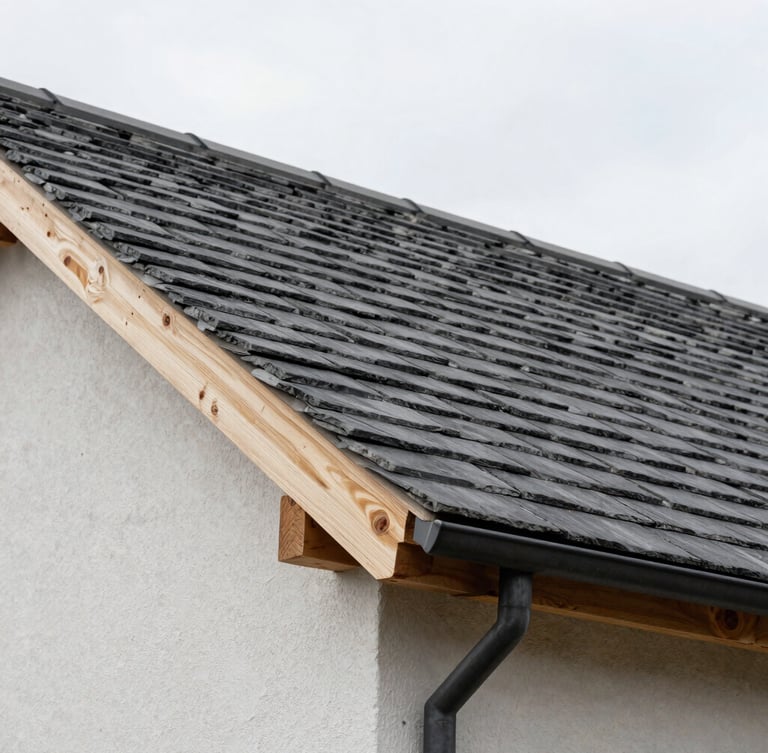 Crisp architectural detail of slate roofing tiles and timber joints on a residential building, overcast daylight, sharp focus, 35mm