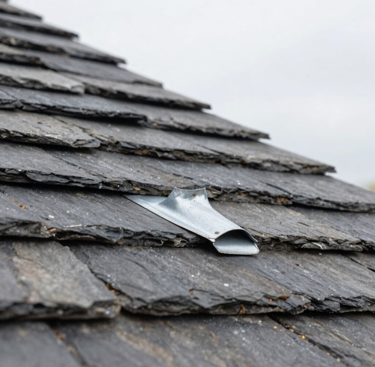 Detailed macro shot of a weathered slate roof with lead flashing, crisp architectural photography, natural overcast daylight, desaturated neutral tones, sharp focus, 35mm