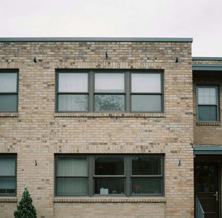 Straight-on architectural framing of a mid-century brick residential elevation, natural overcast daylight, desaturated neutral tones, sharp focus, 35mm