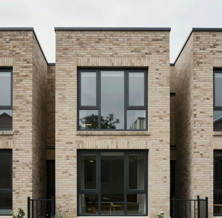 Straight-on architectural framing of a modern brick residential property, clean lines, natural overcast daylight, desaturated neutral tones, 35mm