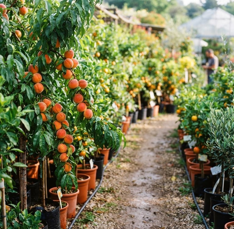 Wide shot of healthy, fruit-bearing branches in a nursery, bright natural morning sunlight, rich saturated botanical colors, shallow depth of field, 35mm, with a clear path leading into the background.
