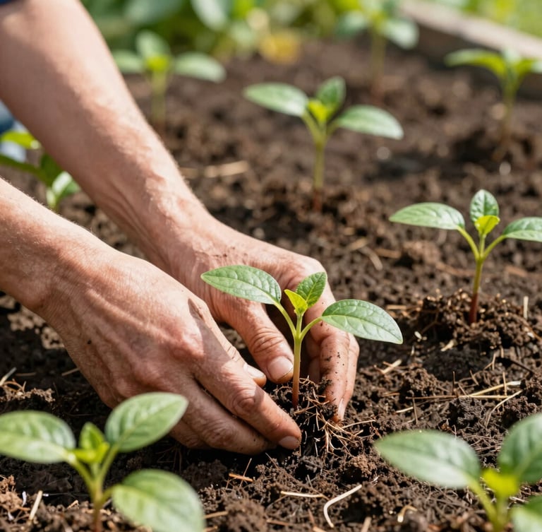 Close-up of weathered hands gently tending to young saplings in rich soil, bright natural morning sunlight, rich saturated botanical colors, shallow depth of field, 35mm, showing healthy rootstocks.