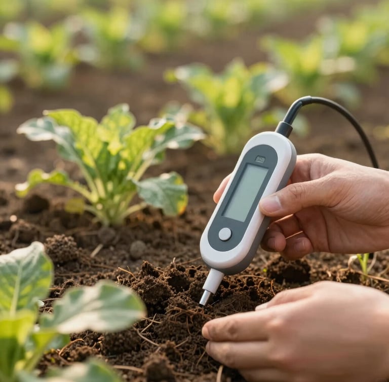 Close-up of hands examining dark fertile soil with a modern digital sensor probe inserted, lush green crops blurred in the background, warm morning light.