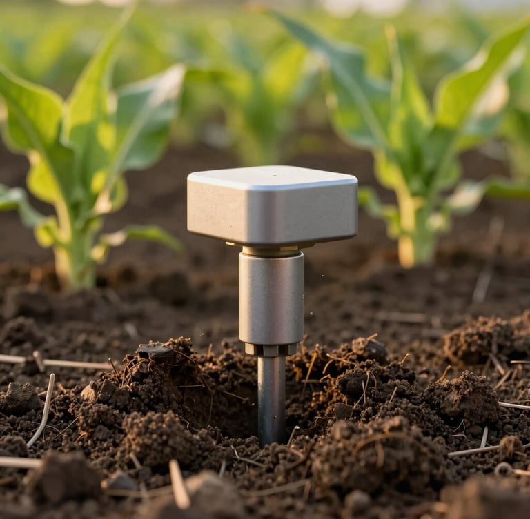 Close-up of a high-tech agricultural soil sensor probe inserted into rich dark soil, green crop leaves in soft focus background, warm golden hour sunlight, detailed texture