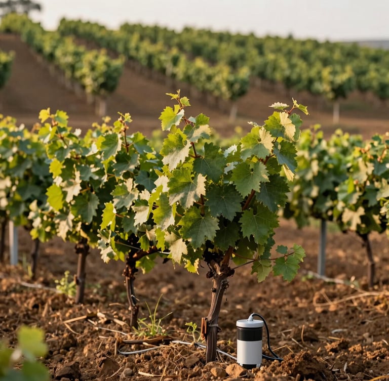 Portrait shot of structured grape trellises on a rolling hill in Jundiaí under warm morning light, lush green leaves, soil sensor visible in the foreground, professional agriculture photography.