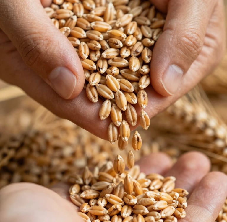 Close-up macro shot of raw golden wheat grains pouring through fingers, high contrast, warm daylight