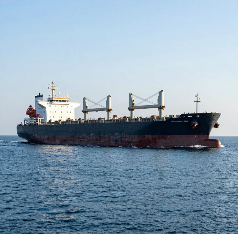 Wide environmental shot of a modern bulk carrier vessel navigating calm deep blue waters under a bright morning sun.