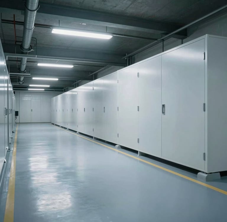 Wide environmental shot of a sterile, modern cold-storage logistics facility, cool-toned industrial lighting, clean reflective floors, spacious composition.