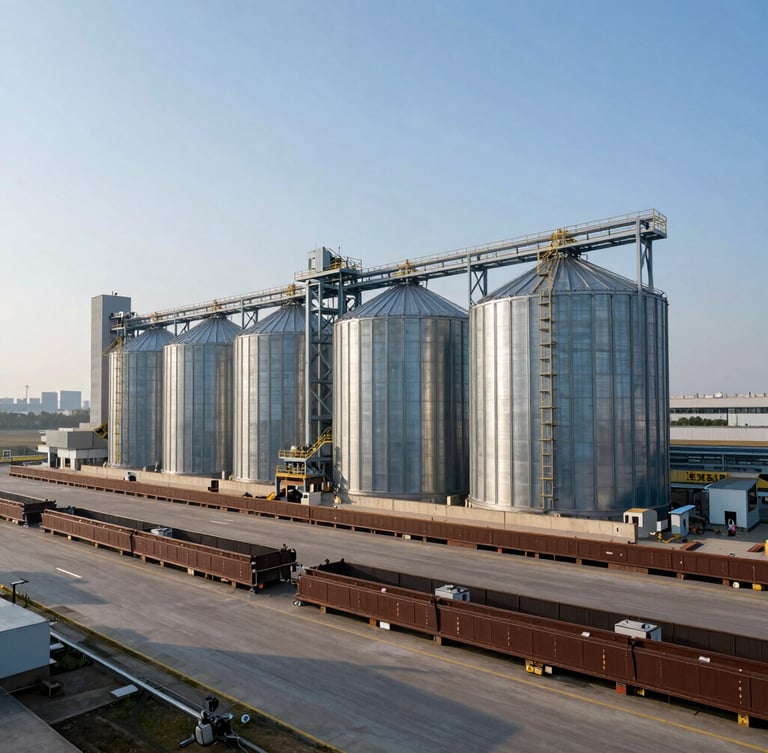 Wide-angle environmental shot of modern agricultural bulk cargo terminal, massive grain silos under crisp high-contrast morning light, industrial shipping infrastructure.