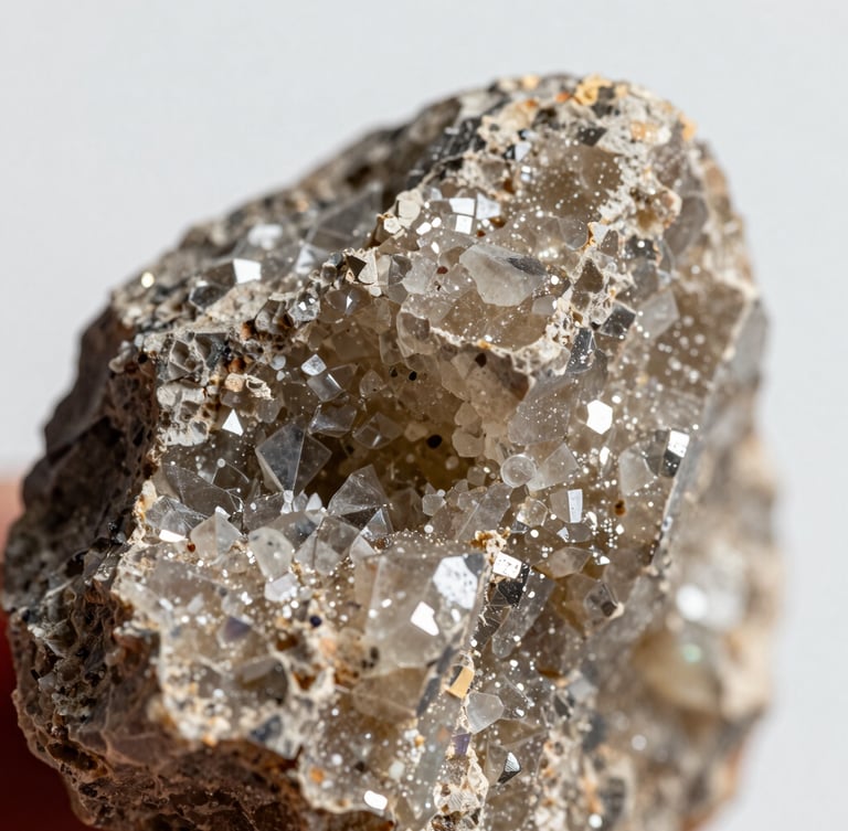 Macro close-up of raw industrial minerals showing rich texture and purity, crisp high-contrast daylight, sharp focus on crystalline structures, minimal background