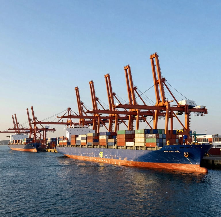 Wide-angle environmental shot of a massive maritime cargo port at golden hour, container ships docked, towering cranes, deep blue water, clean horizon, high-contrast lighting.