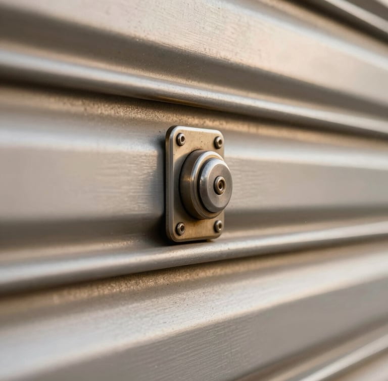 Macro shot of a high-security roller shutter steel mechanism, brushed metal texture, soft warm Parisian daylight filtering through, shallow depth of field.