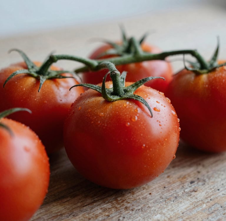 Macro close-up of heirloom tomatoes on a rustic wooden table, soft Scandinavian overcast daylight, rich crimson tones, shallow depth of field, 35mm
