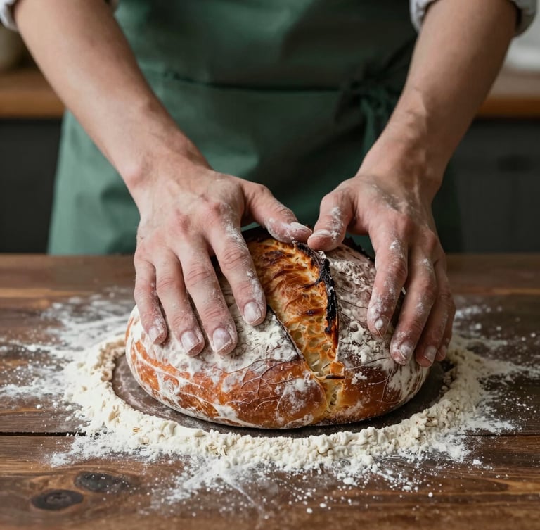 Close-up of baker hands covered in flour shaping sourdough loaf on a dark wooden table, soft side light, warm moody tones