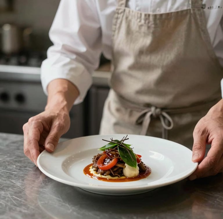 A chef in a clean linen apron working at the kitchen pass, plating a rustic dish under moody side-lighting, soft Scandinavian daylight, 35mm