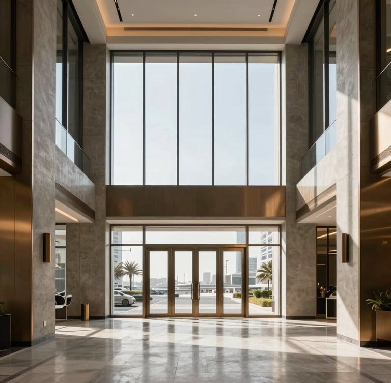 Straight-on architectural perspective of a modern luxury office lobby in Dubai, natural daylight streaming through floor-to-ceiling windows, crisp concrete and warm bronze details.