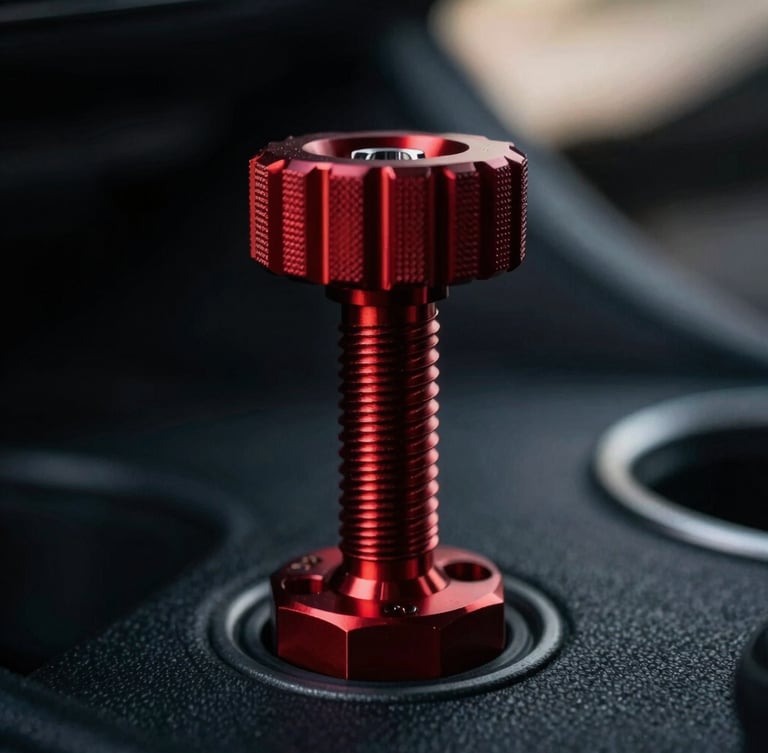 Tight macro shot of the anodized red tension screw mechanism on an Apex Mounts cup holder, showing its knurled texture and precise machining, moody directional cabin light, deep shadows, matte textures, sharp focus, 50mm lens. The background is blurred, showing a dark floor mat.