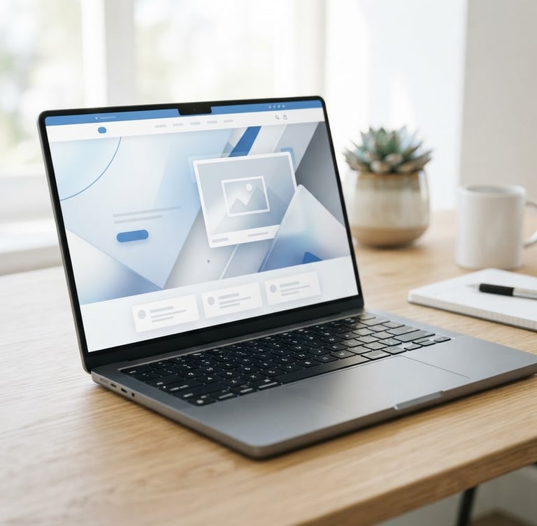Modern laptop mockup displaying a clean, professional website interface with a sleek UI, bright studio light, shallow depth of field, subtle blue accents.