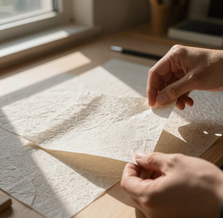 Macro shot of hands folding a textured, patterned washi paper sheet, warm natural sunlight streaming from a side window casting soft geometric shadows, artistic workshop atmosphere.