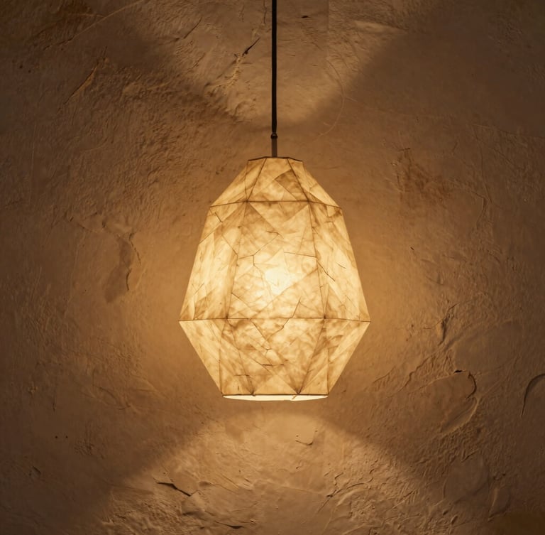 Portrait-oriented shot of a geometric origami pendant lamp made of textured beige paper, glowing with warm internal light, casting soft shadows on a rustic plaster wall, Saint-Paul-de-Vence atelier style, golden hour.