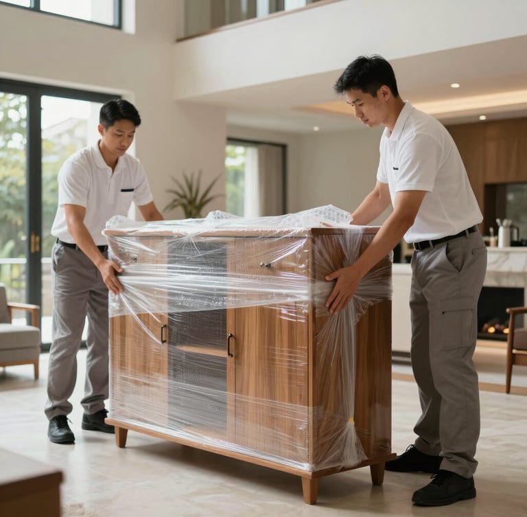Medium shot of professional movers in clean matching uniforms carefully wrapping a premium wooden cabinet with multi-layer bubble wrap and stretch film inside a spacious villa, bright indoor lighting.