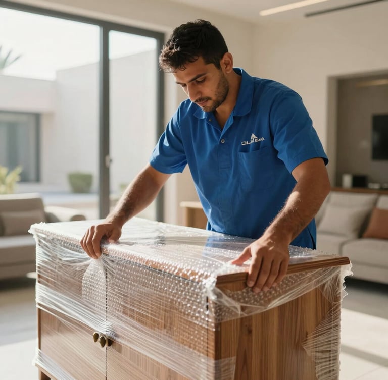 A professional Al-Taqwa worker in a clean blue uniform carefully wrapping a premium wooden cabinet with multi-layer bubble wrap inside a bright modern villa in Dammam, close-up shot, morning light.