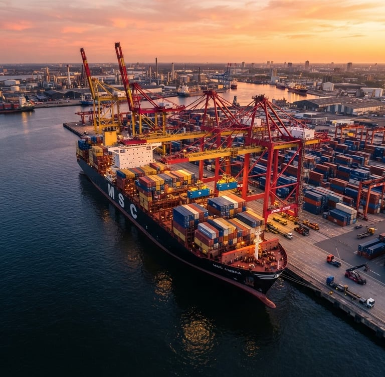 Wide-angle drone shot of a massive container ship docked at a deep-water port during golden hour, towering cranes loading blue containers, deep navy water, high-contrast industrial daylight.