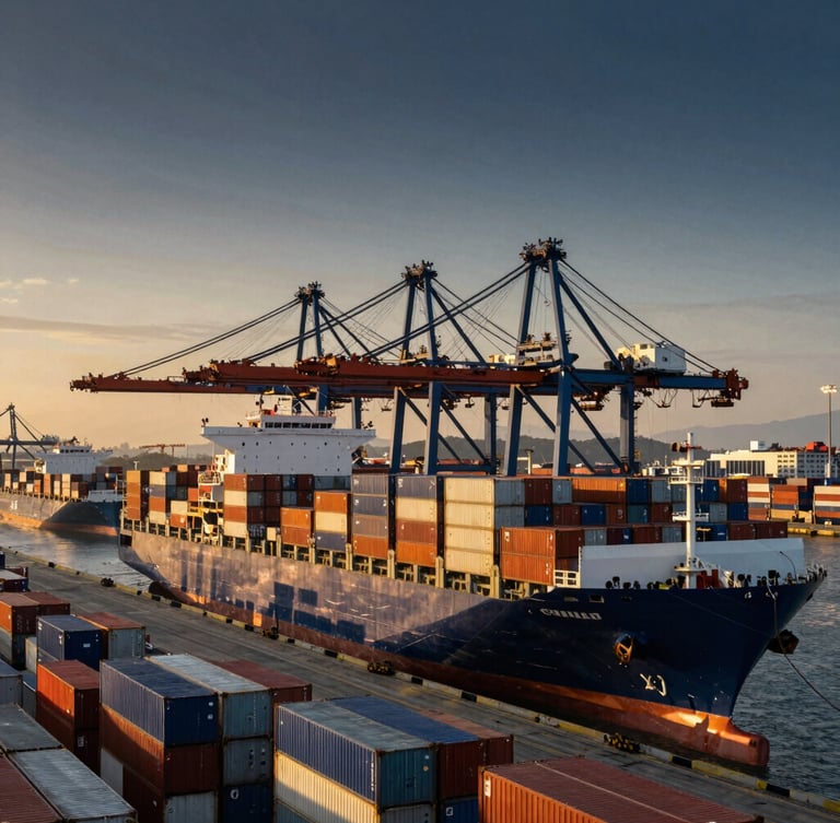 Wide shot of a modern, high-tech port at golden hour, container ships being loaded, showing scale and efficiency, dramatic lighting.