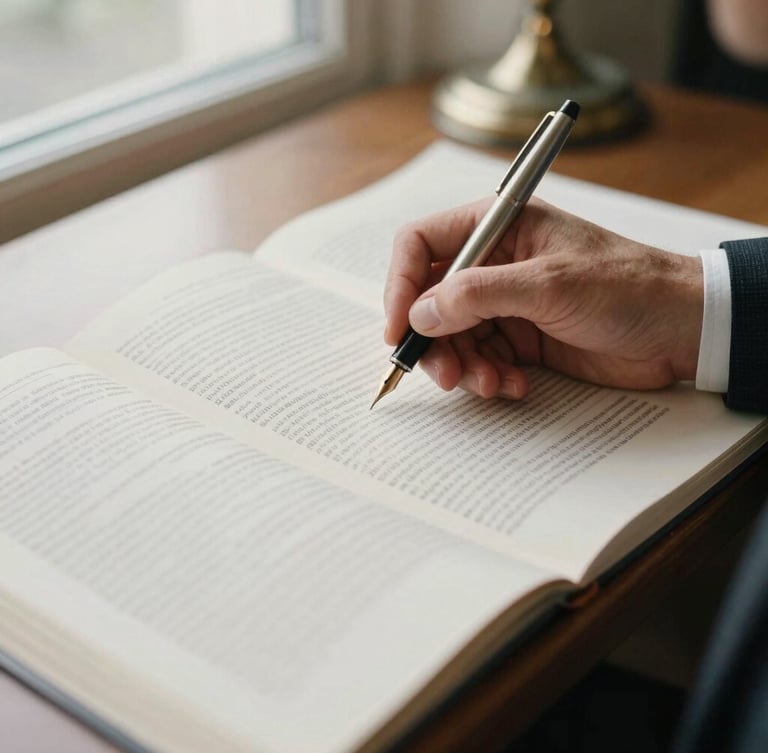 Close-up of a hand in a tailored suit sleeve, holding a fountain pen over a thick, open research report on heavy cream paper, soft library lamp light, shallow depth of field, muted ink and cream tones.