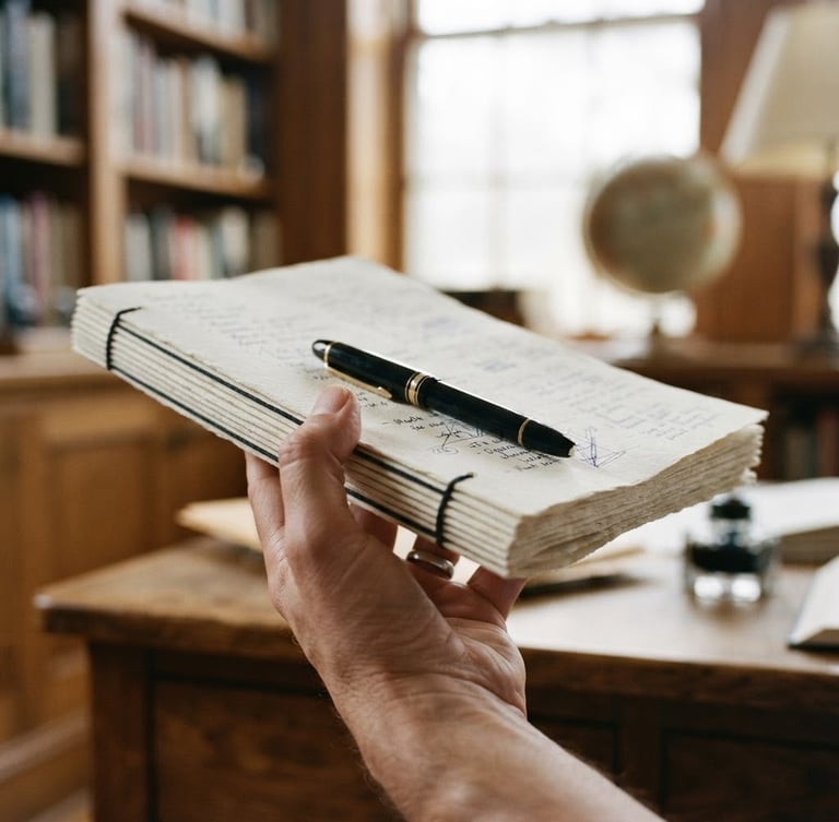 Close-up portrait of a hand holding a bound research brief, heavy paper, with a fountain pen resting on it, soft indirect north-facing daylight, muted ink and cream tones, shallow depth of field, 35mm film grain, quiet workspace architectural details in background