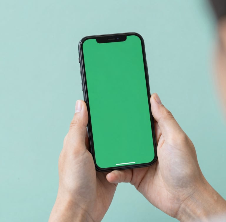 Hands holding a smartphone with secure green interface, soft teal background, clean editorial photography, natural daylight