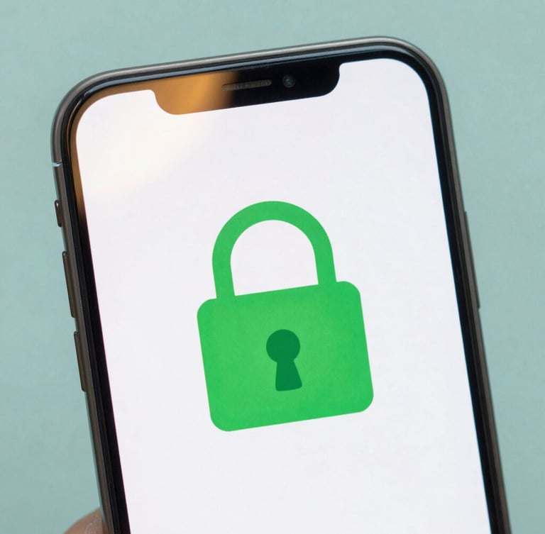 Medium close-up of a high-end smartphone screen displaying a secure green padlock icon, warm morning light reflecting on clean glass, soft teal background, professional editorial photography.
