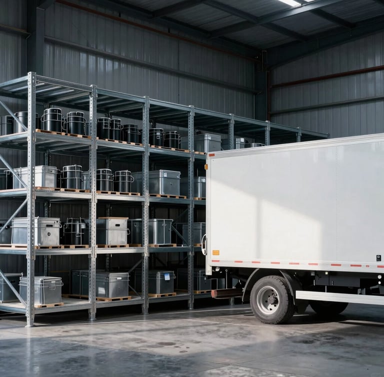 A clean, high-contrast industrial warehouse interior with organized steel racks and a docked cargo truck under sharp morning light, 35mm lens.